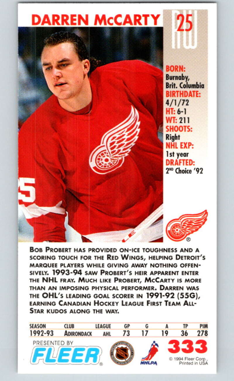 1993-94 PowerPlay #333 Darren McCarty RC Rookie Detroit Red Wings V78031 Image 2