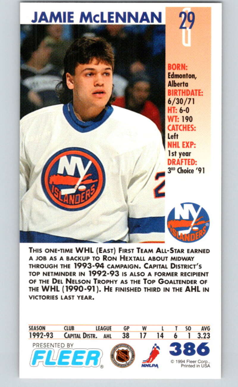 1993-94 PowerPlay #386 Jamie McLennan RC Rookie New York Islanders V78081 Image 2
