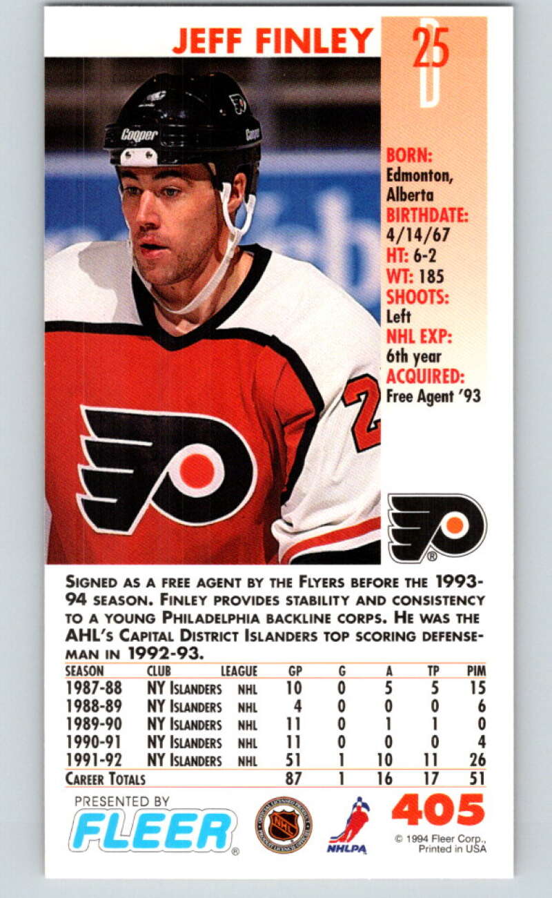 1993-94 PowerPlay #405 Jeff Finley Philadelphia Flyers V78099 Image 2