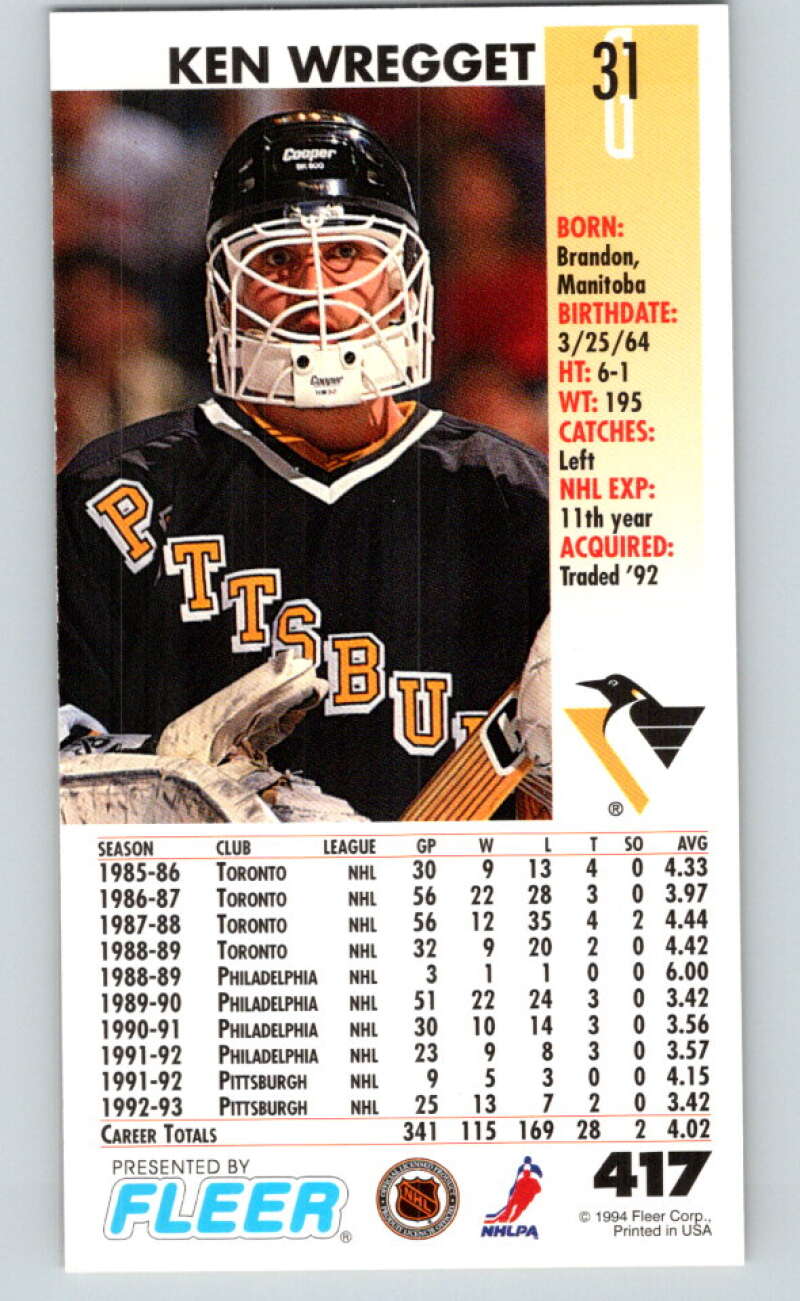 1993-94 PowerPlay #417 Ken Wregget Pittsburgh Penguins V78113 Image 2