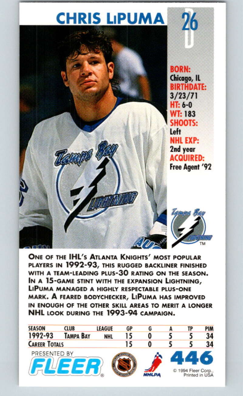 1993-94 PowerPlay #446 Chris LiPuma RC Rookie Tampa Bay Lightning V78138 Image 2