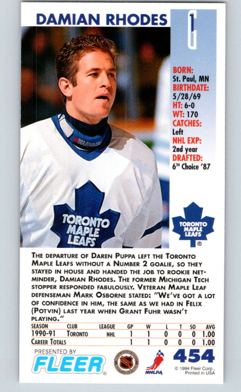 1993-94 PowerPlay #454 Damian Rhodes RC Rookie Toronto Maple Leafs V78149 Image 2