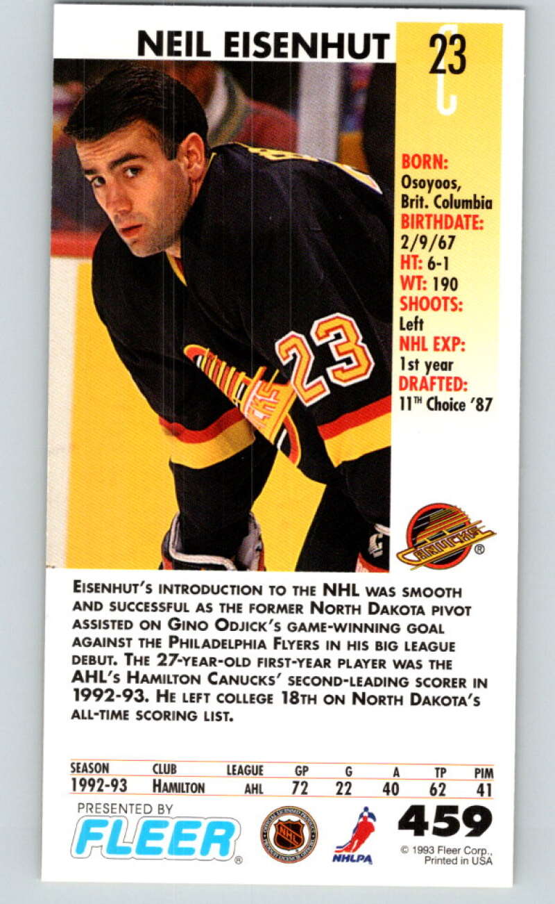 1993-94 PowerPlay #459 Neil Eisenhut RC Rookie Vancouver Canucks V78155 Image 2