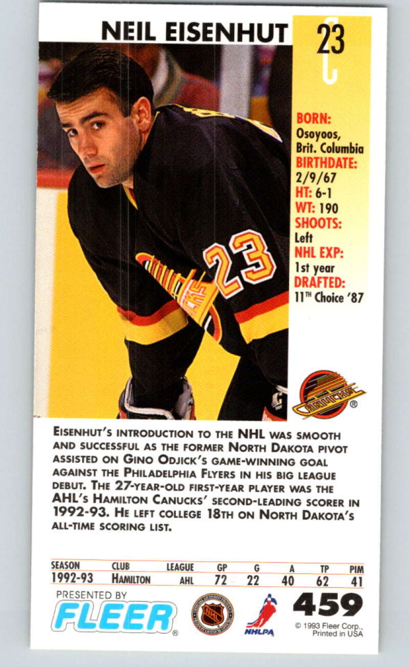 1993-94 PowerPlay #459 Neil Eisenhut RC Rookie Vancouver Canucks V78156 Image 2