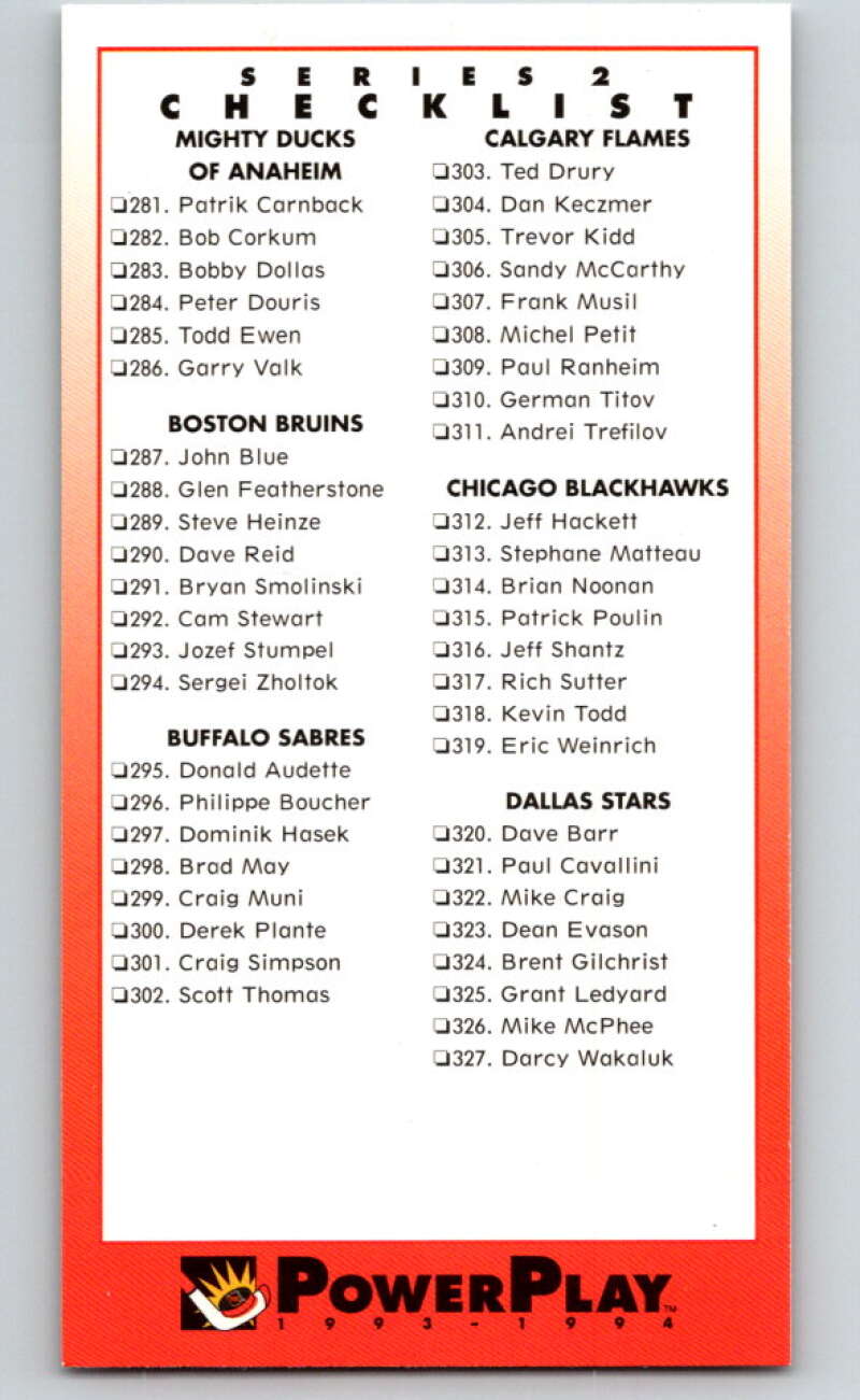 1993-94 PowerPlay #518 Checklist V78211 Image 1