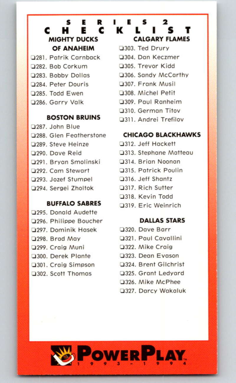 1993-94 PowerPlay #518 Checklist V78212 Image 1