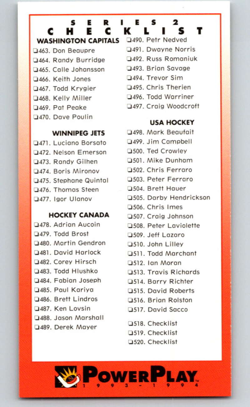 1993-94 PowerPlay #520 Checklist V78214 Image 1