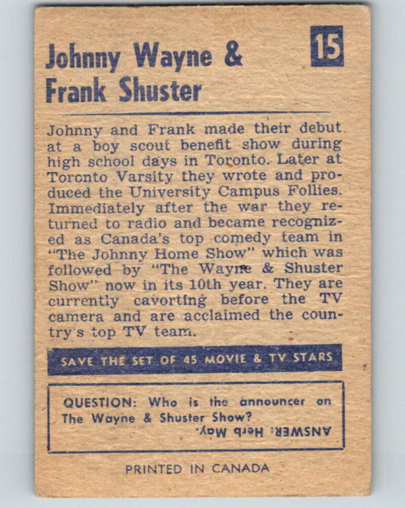 1955 Movie and TV Stars #15 Johnny Wayne/Shuster V78491 Image 2