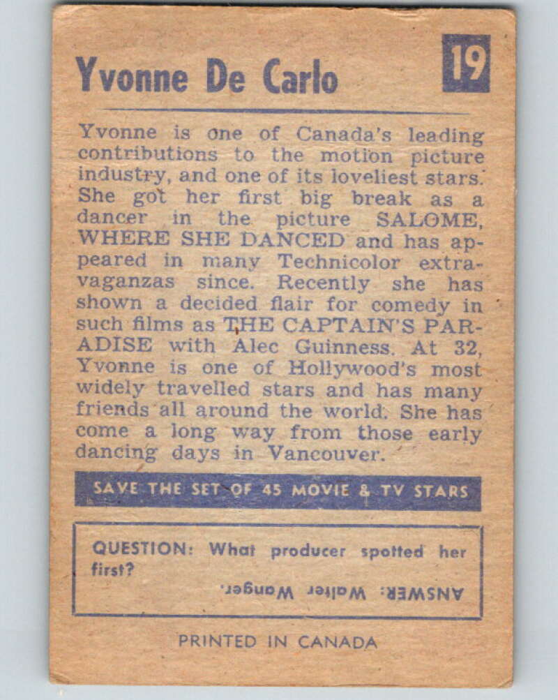 1955 Movie and TV Stars #19 Yvonne De Carlo V78495 Image 2