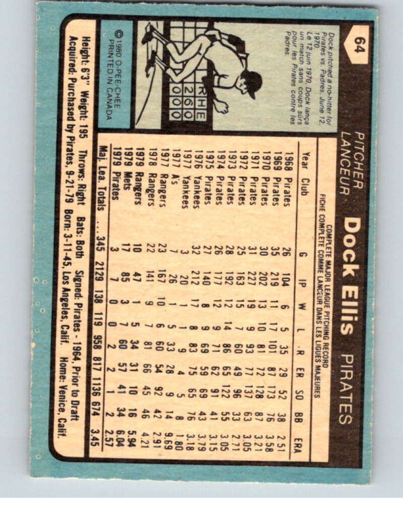 1980 O-Pee-Chee #64 Dock Ellis Pittsburgh Pirates/Mets V78999 Image 2