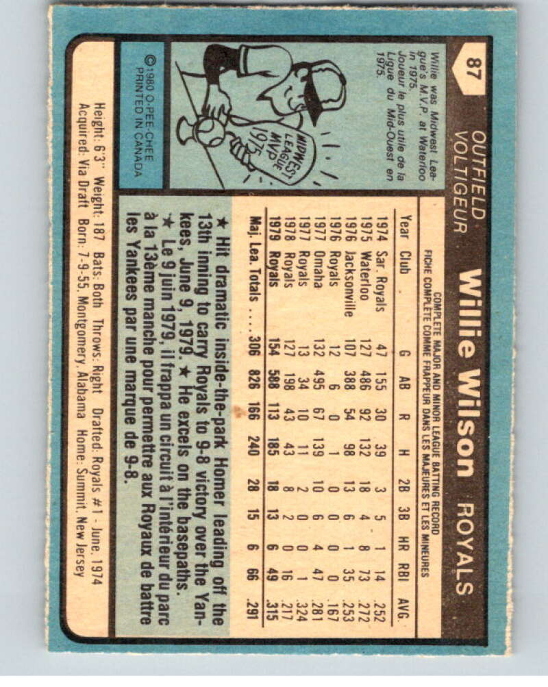 1980 O-Pee-Chee #87 Willie Wilson Kansas City Royals V79085 Image 2