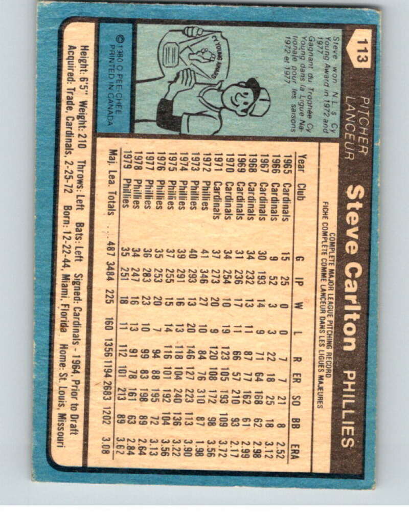 1980 O-Pee-Chee #113 Steve Carlton Philadelphia Phillies V79161 Image 2