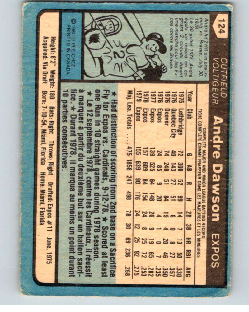 1980 O-Pee-Chee #124 Andre Dawson Montreal Expos V79189 Image 2