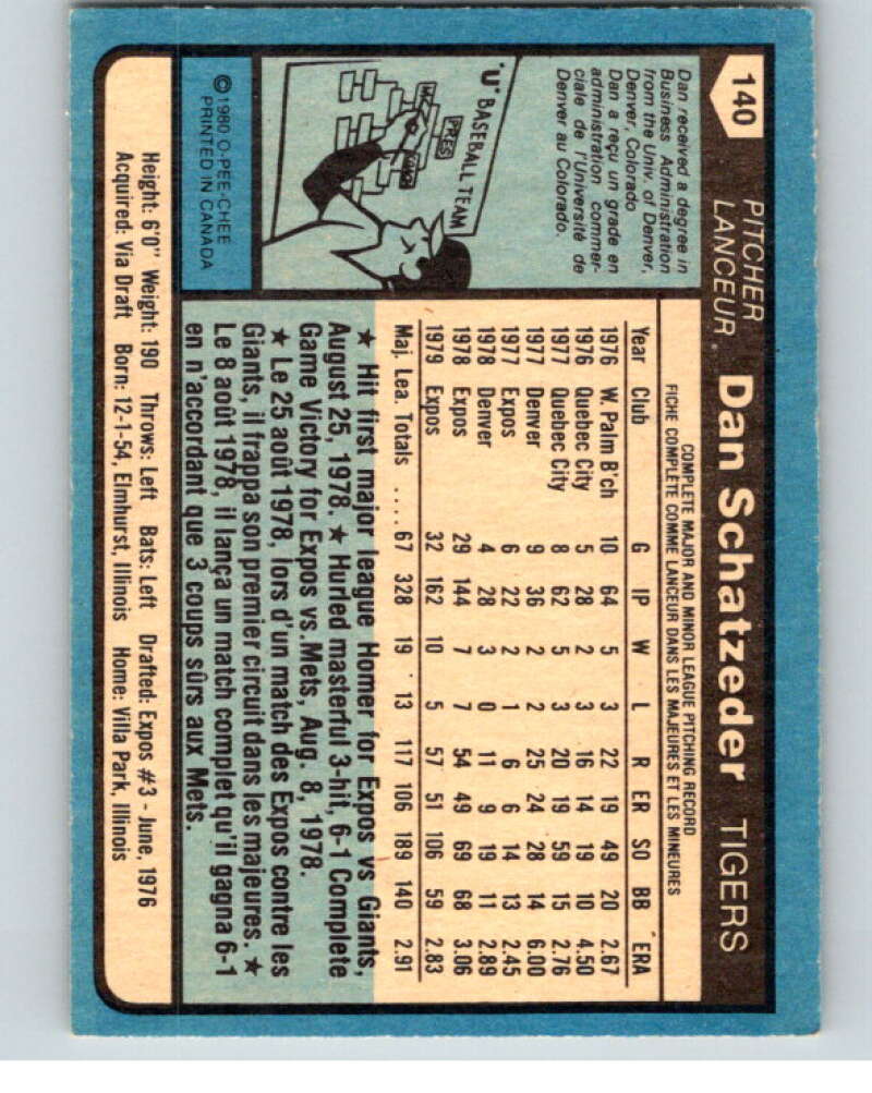 1980 O-Pee-Chee #140 Dan Schatzeder Detroit Tigers/ Expos V79255 Image 2