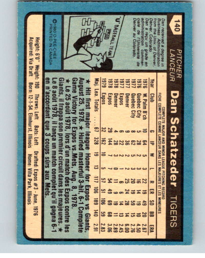 1980 O-Pee-Chee #140 Dan Schatzeder Detroit Tigers/ Expos V79256 Image 2