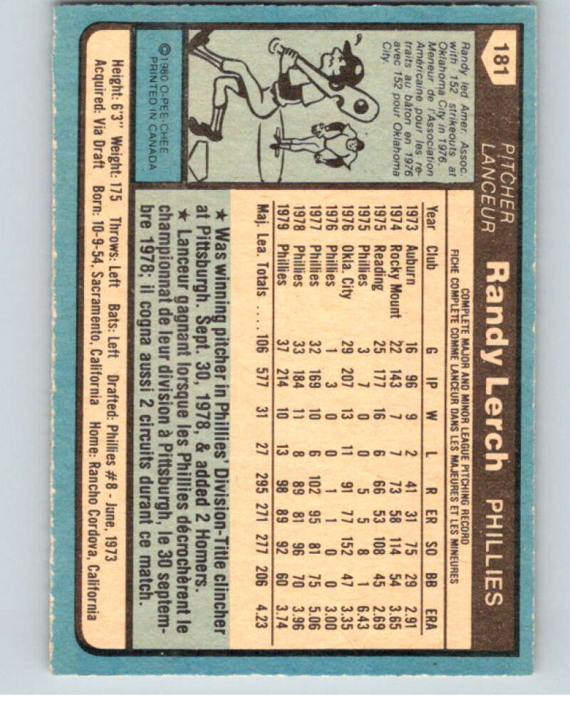 1980 O-Pee-Chee #181 Randy Lerch Philadelphia Phillies V79384 Image 2