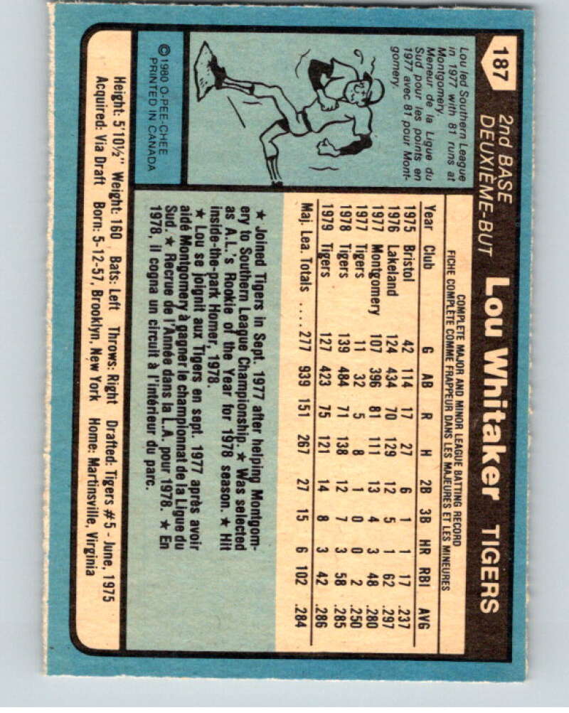 1980 O-Pee-Chee #187 Lou Whitaker Detroit Tigers V79411 Image 2