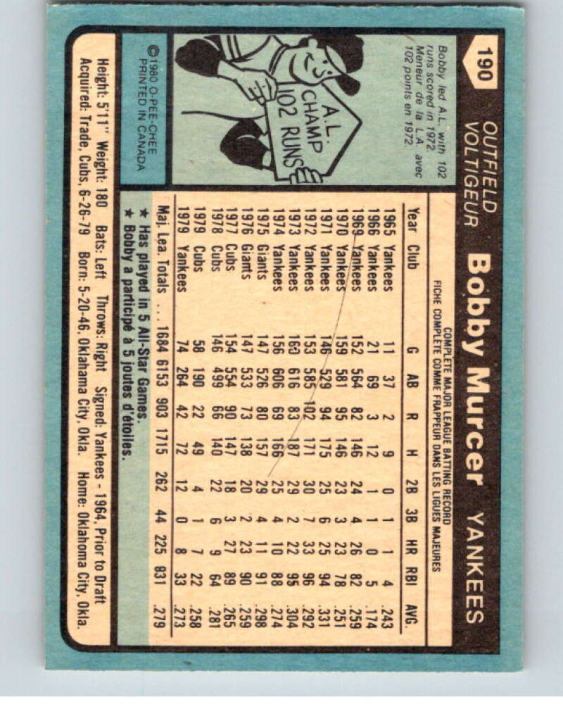 1980 O-Pee-Chee #190 Bobby Murcer New York Yankees V79426 Image 2