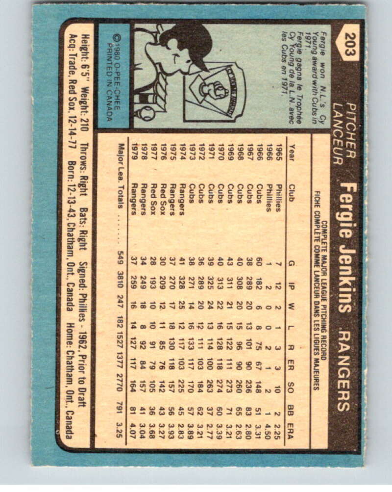 1980 O-Pee-Chee #203 Fergie Jenkins Texas Rangers V79454 Image 2
