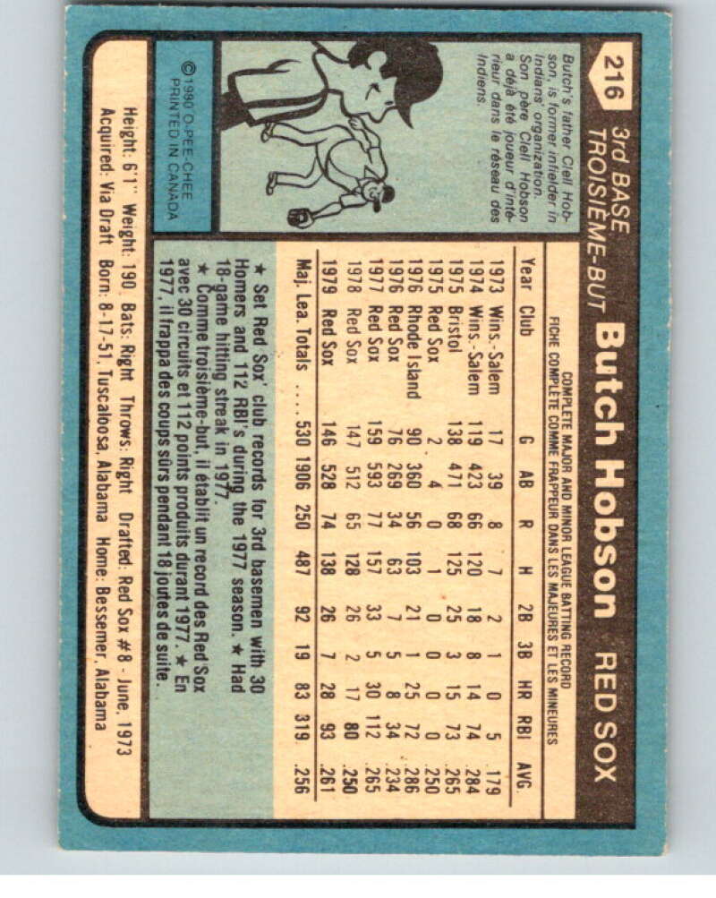1980 O-Pee-Chee #216 Butch Hobson Boston Red Sox V79496 Image 2