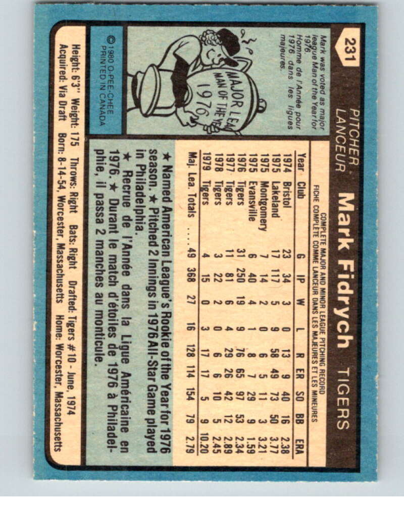 1980 O-Pee-Chee #231 Mark Fidrych Detroit Tigers V79549 Image 2