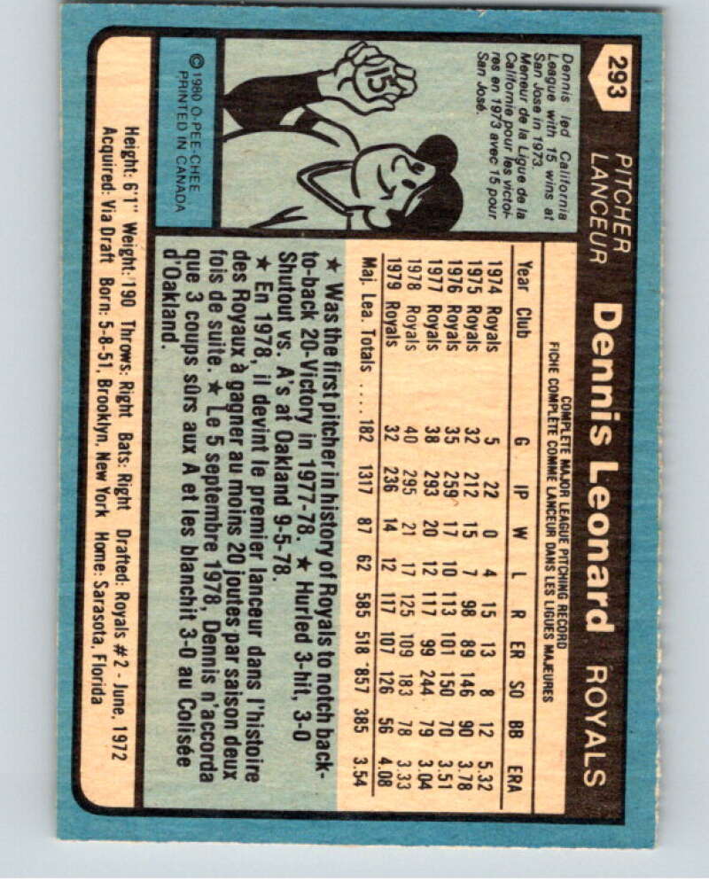 1980 O-Pee-Chee #293 Dennis Leonard Kansas City Royals V79716 Image 2