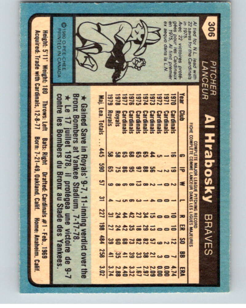1980 O-Pee-Chee #306 Al Hrabosky Atlanta Braves/Kansas City Royals V79750 Image 2