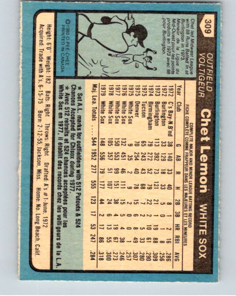 1980 O-Pee-Chee #309 Chet Lemon Chicago White Sox V79758 Image 2