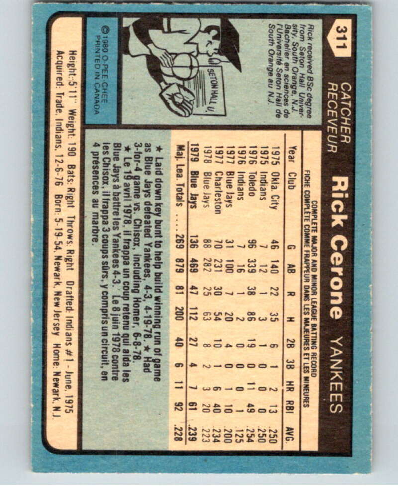 1980 O-Pee-Chee #311 Rick Cerone Yankees/Blue Jays V79763 Image 2