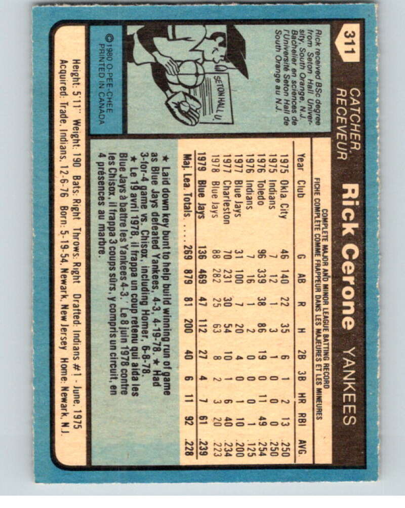 1980 O-Pee-Chee #311 Rick Cerone Yankees/Blue Jays V79764 Image 2