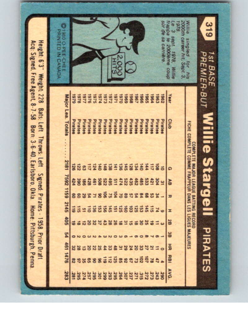 1980 O-Pee-Chee #319 Willie Stargell Pittsburgh Pirates V79788 Image 2