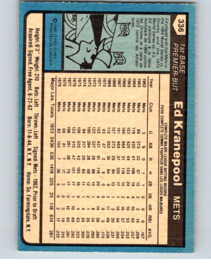 1980 O-Pee-Chee #336 Ed Kranepool New York Mets V79828 Image 2