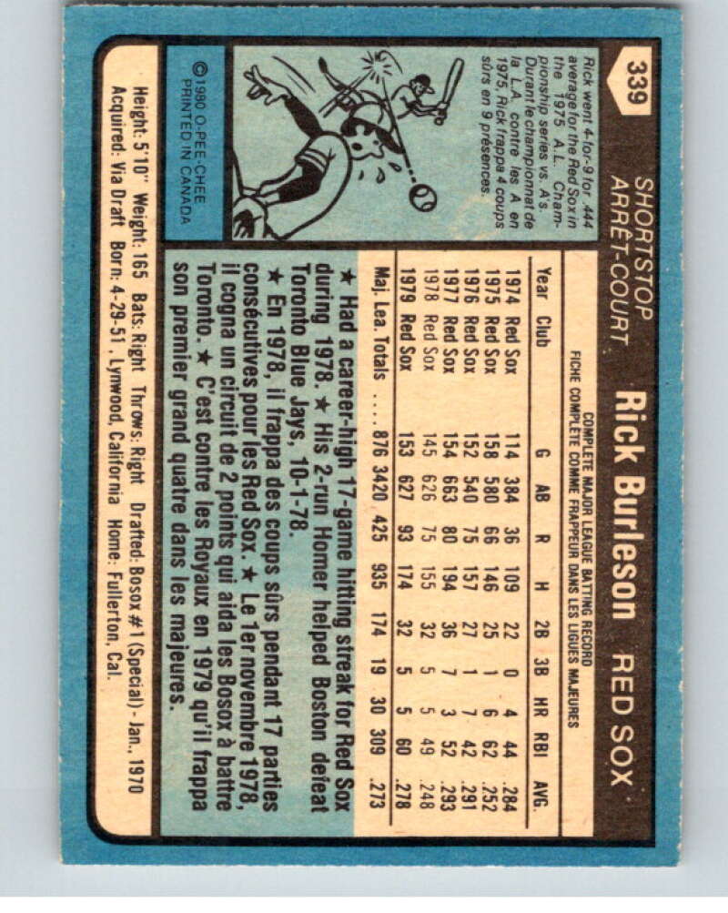 1980 O-Pee-Chee #339 Rick Burleson Boston Red Sox V79843 Image 2