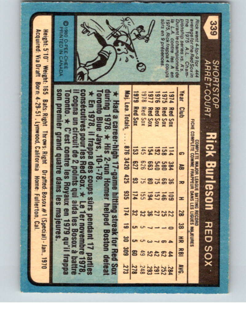 1980 O-Pee-Chee #339 Rick Burleson Boston Red Sox V79844 Image 2