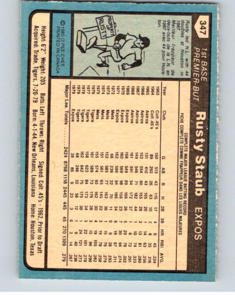 1980 O-Pee-Chee #347 Rusty Staub Montreal Expos V79861 Image 2