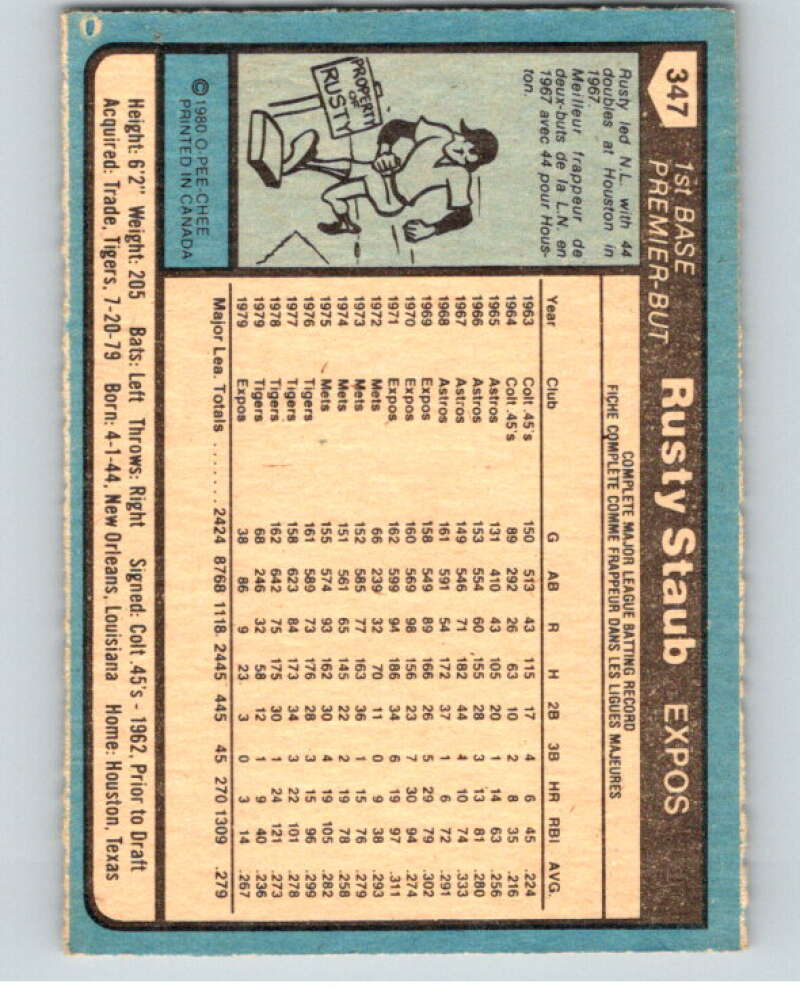 1980 O-Pee-Chee #347 Rusty Staub Montreal Expos V79864 Image 2
