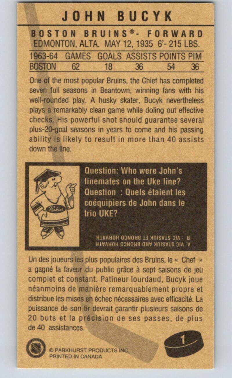 1994-95 Parkhurst Tall Boys #1 John Bucyk Boston Bruins V80816 Image 2
