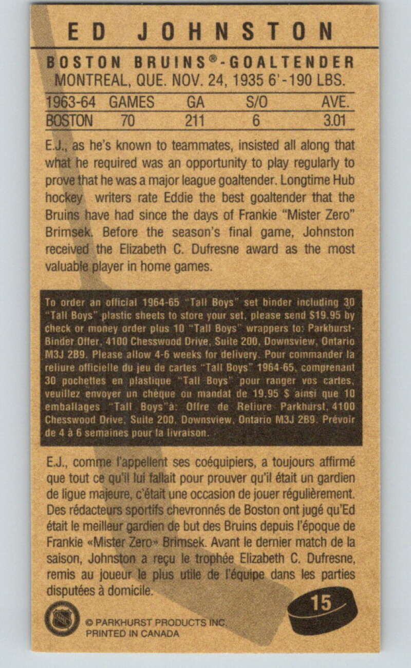 1994-95 Parkhurst Tall Boys #15 Ed Johnston Boston Bruins V80853 Image 2