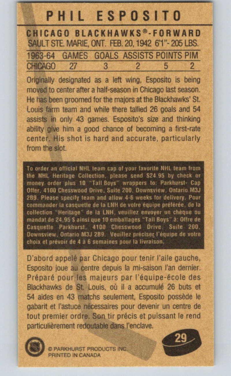 1994-95 Parkhurst Tall Boys #29 Phil Esposito Blackhawks V80894 Image 2