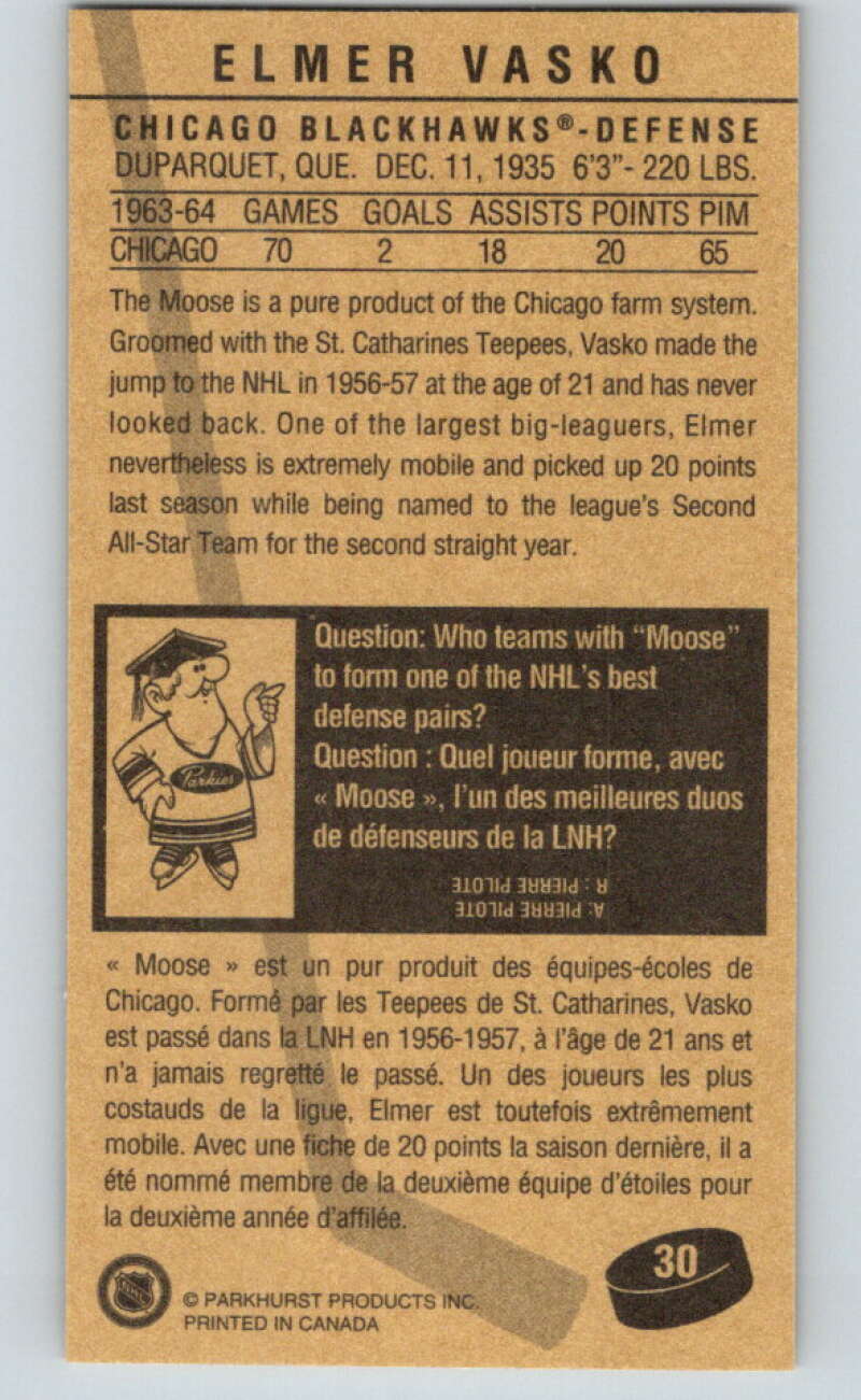 1994-95 Parkhurst Tall Boys #30 Elmer Vasko Blackhawks V80900 Image 2