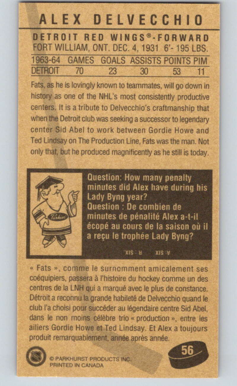 1994-95 Parkhurst Tall Boys #56 Alex Delvecchio Red Wings V80957 Image 2