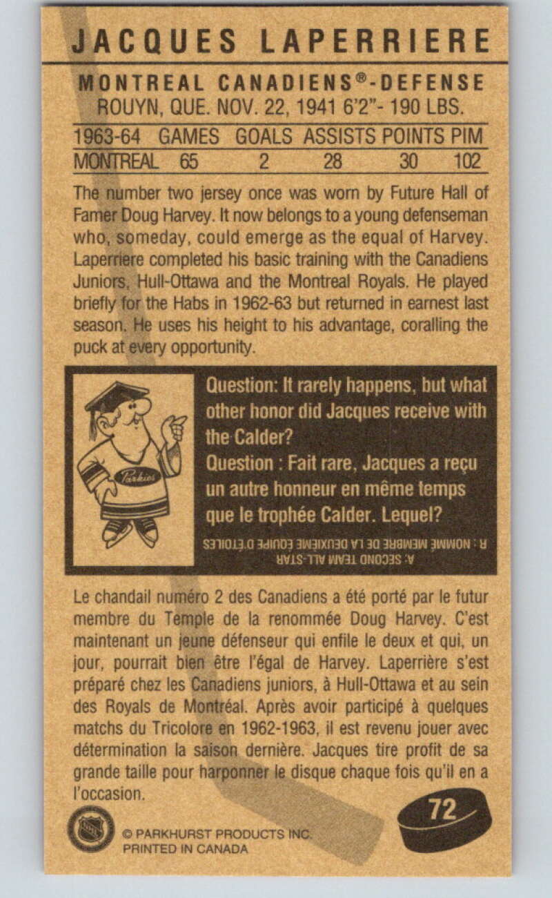 1994-95 Parkhurst Tall Boys #72 Jacques Laperriere Canadiens V81005 Image 2