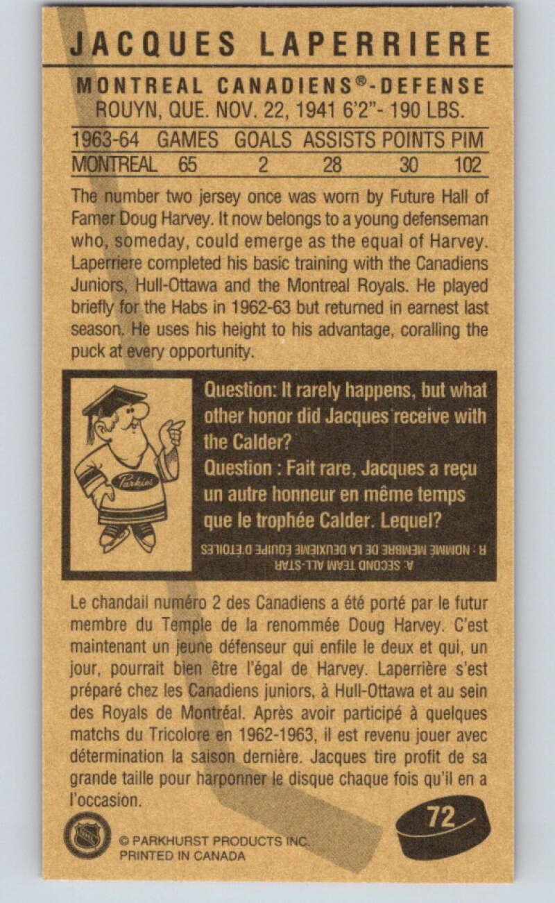 1994-95 Parkhurst Tall Boys #72 Jacques Laperriere Canadiens V81006 Image 2