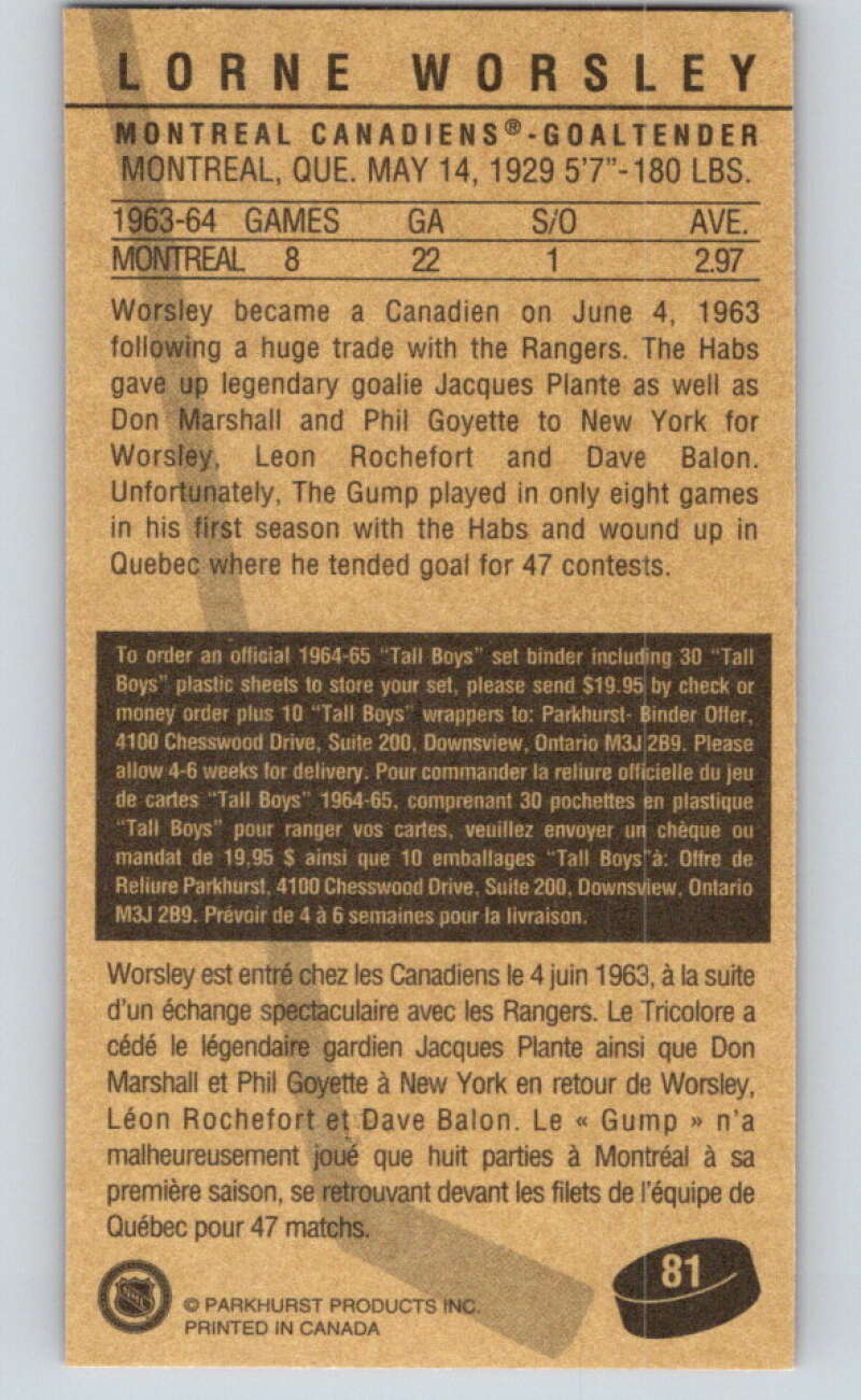 1994-95 Parkhurst Tall Boys #81 Gump Worsley Canadiens V81034 Image 2