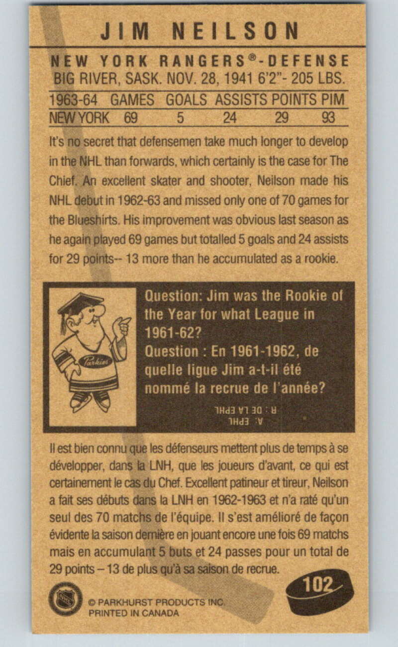 1994-95 Parkhurst Tall Boys #102 Jim Neilson Rangers V81092 Image 2