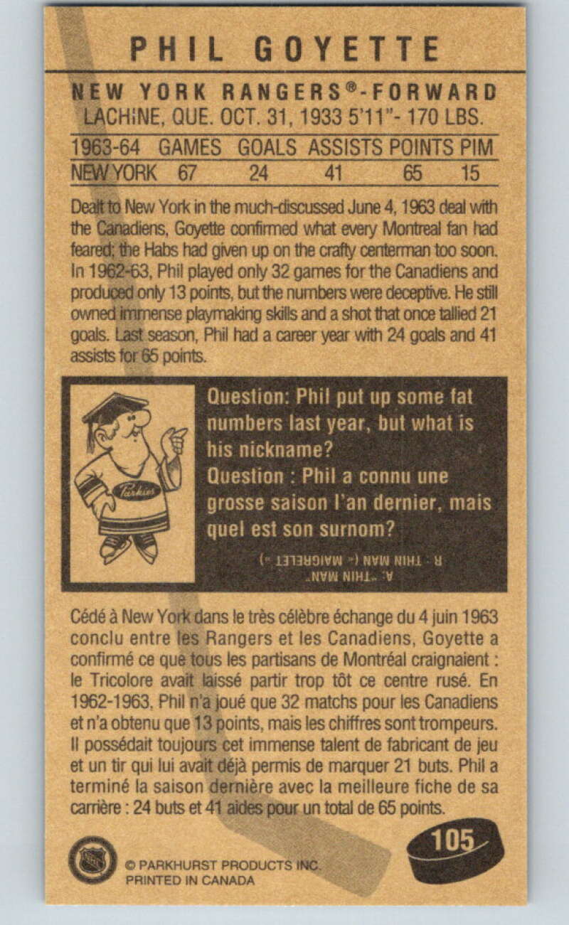 1994-95 Parkhurst Tall Boys #105 Phil Goyette Rangers V81098 Image 2