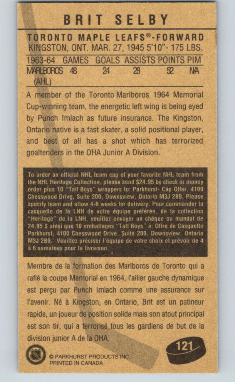 1994-95 Parkhurst Tall Boys #121 Brit Selby Maple Leafs V81138 Image 2