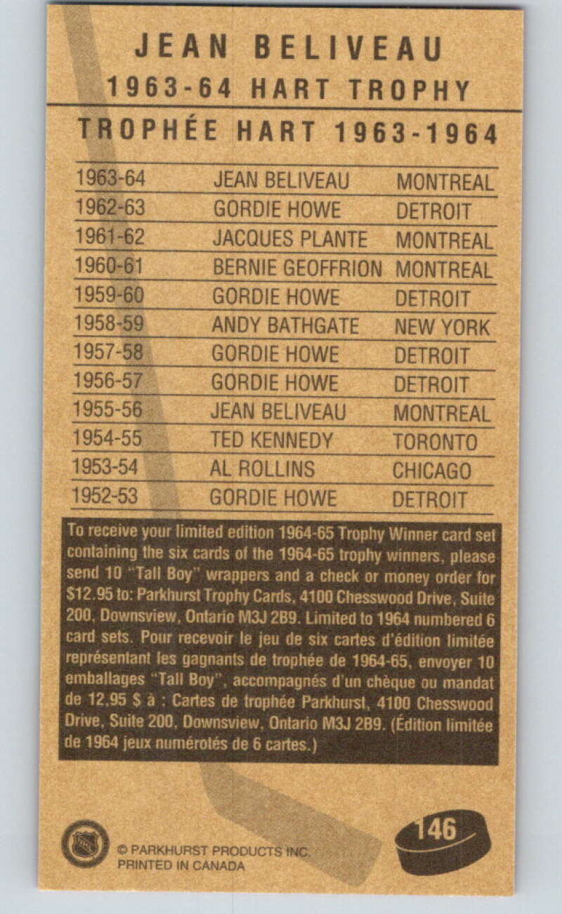 1994-95 Parkhurst Tall Boys #146 Jean Beliveau TW Canadiens V81189 Image 2