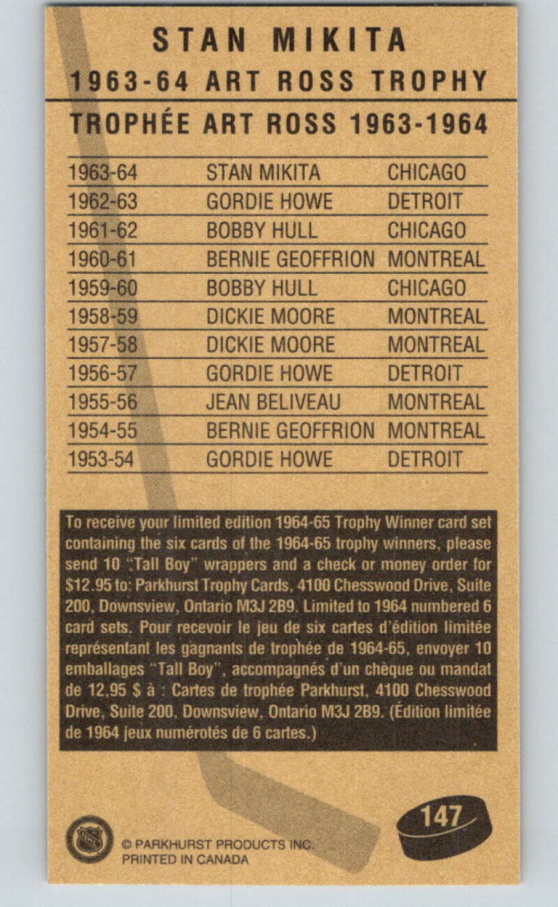 1994-95 Parkhurst Tall Boys #147 Stan Mikita TW Blackhawks V81192 Image 2
