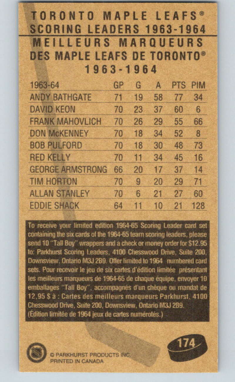 1994-95 Parkhurst Tall Boys #174 Andy Bathgate LL Maple Leafs V81265 Image 2